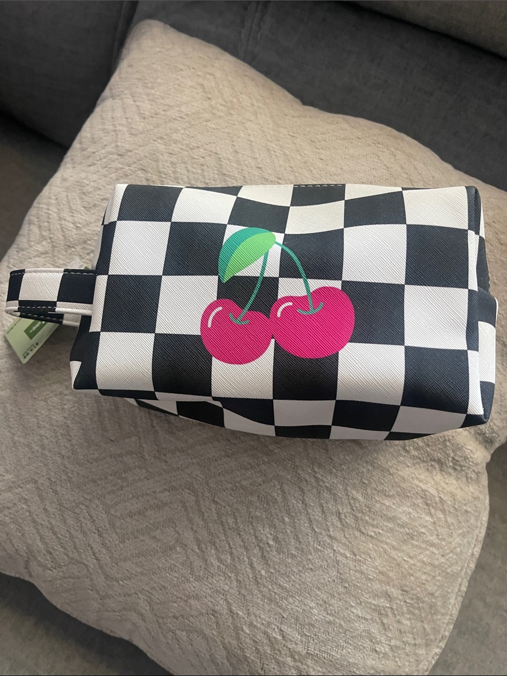 Hobby Lobby Black and White Checkered Travel Dopp Kit with Pink Cherry Graphic